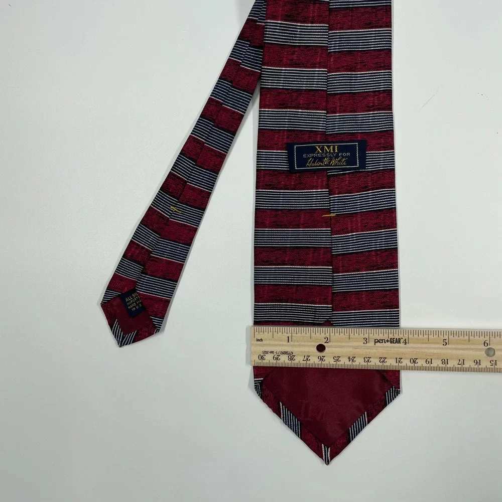 XMI Red Navy Blue Striped Silk Necktie Mens OSFA